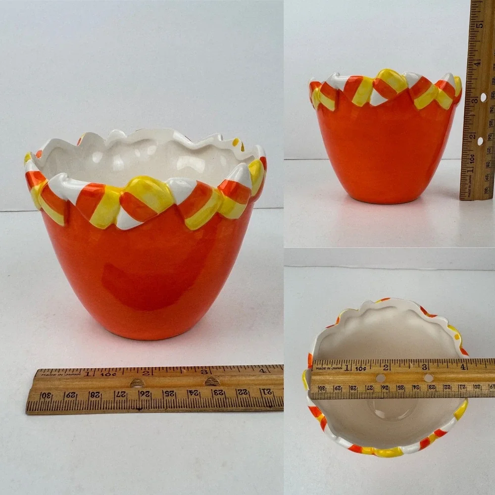 Halloween Candy Corn Border Small Round 3D Planter Glaze Orange Ceramic Handwash